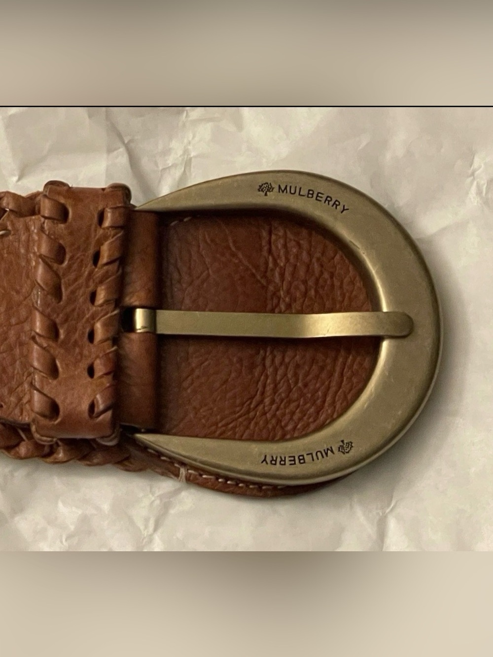 Mulberry Woven Braided Leather Belt Brown Cognac Brass Tone Buckle Size S Small